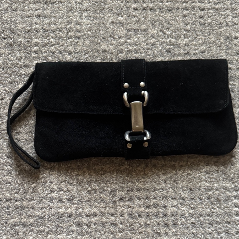 Black Suede Clutch with Silver Buckle